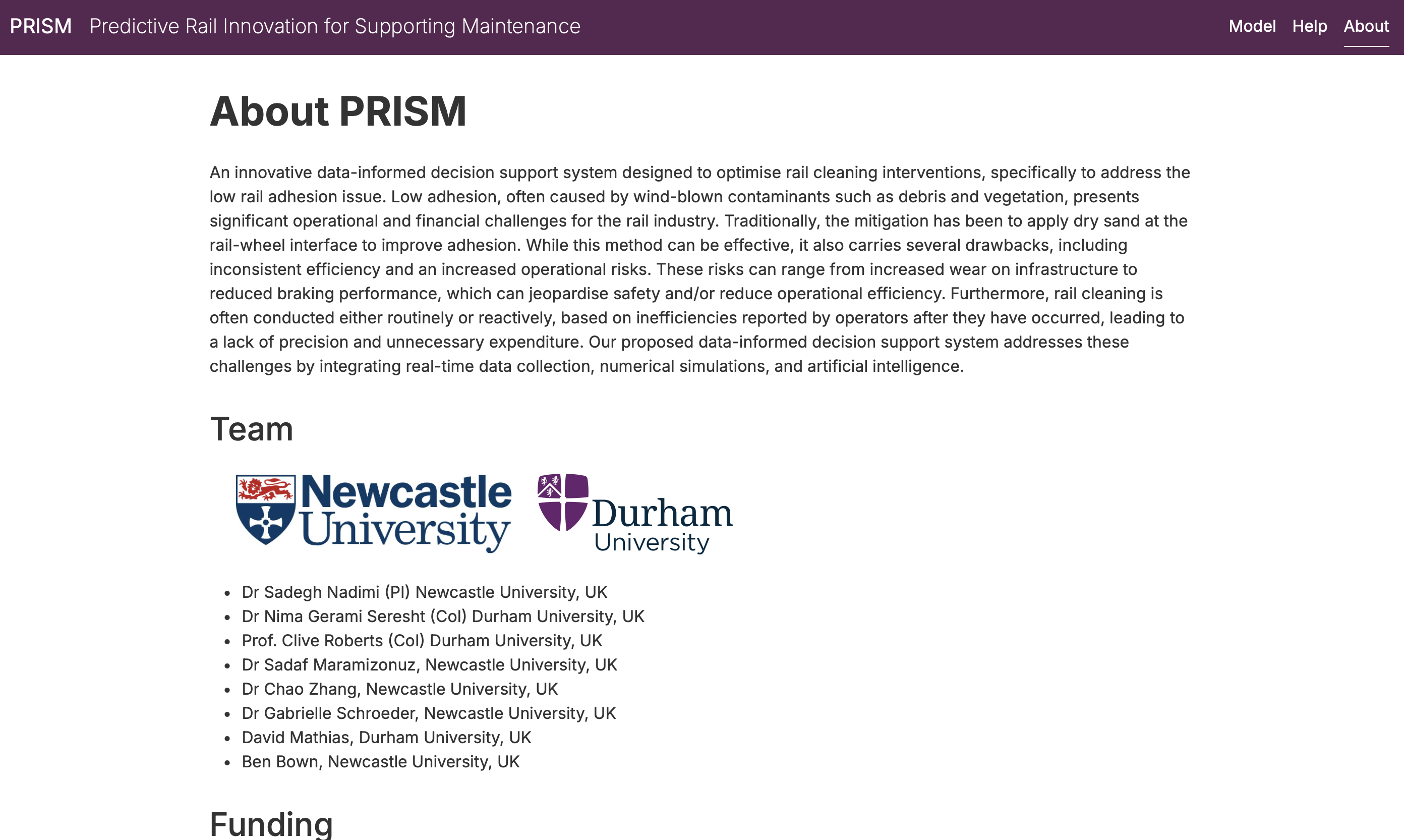 'About' page of the PRISM application, which provides information about the project and team.