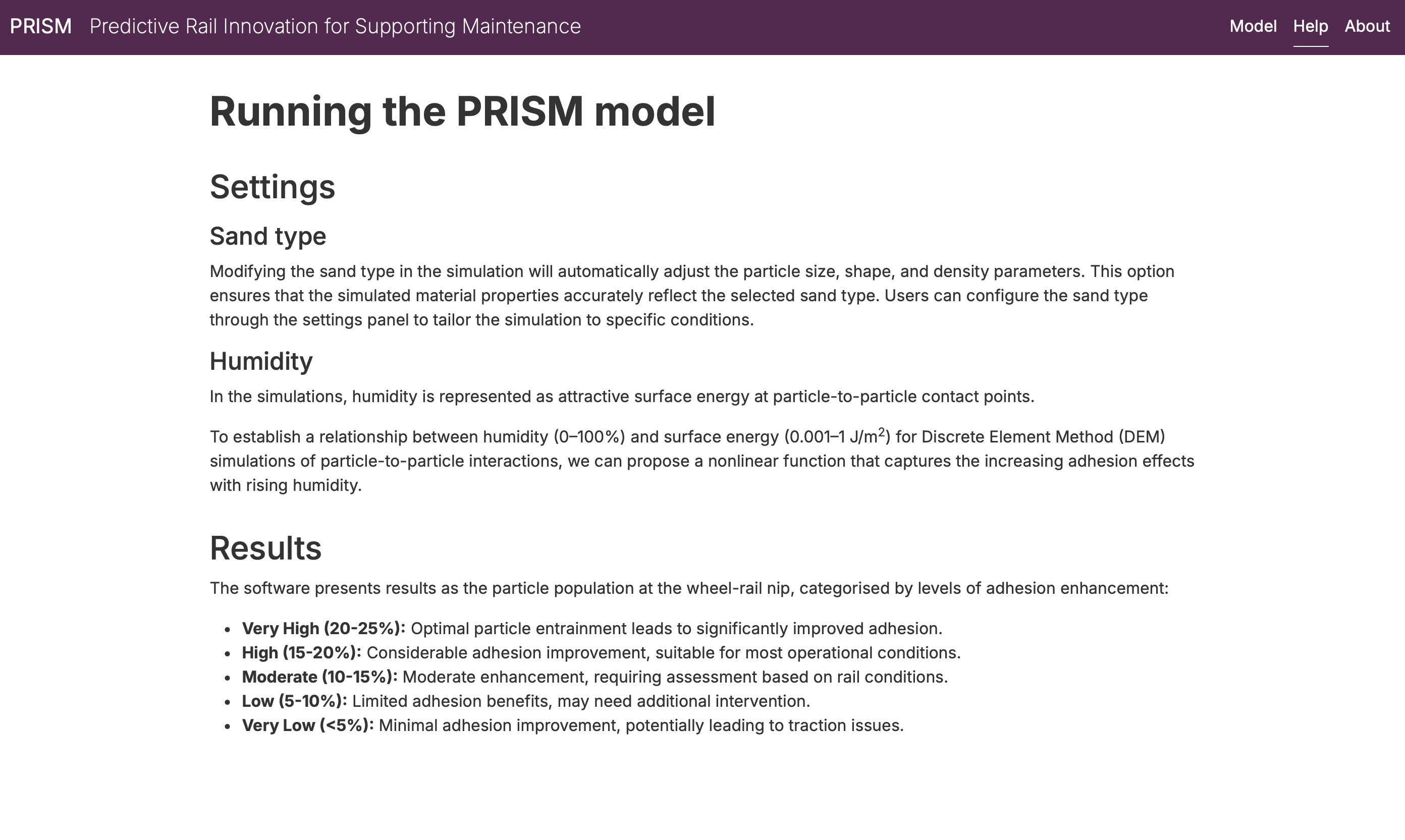 'Help' page of the PRISM application, which provides information about the model settings and results.