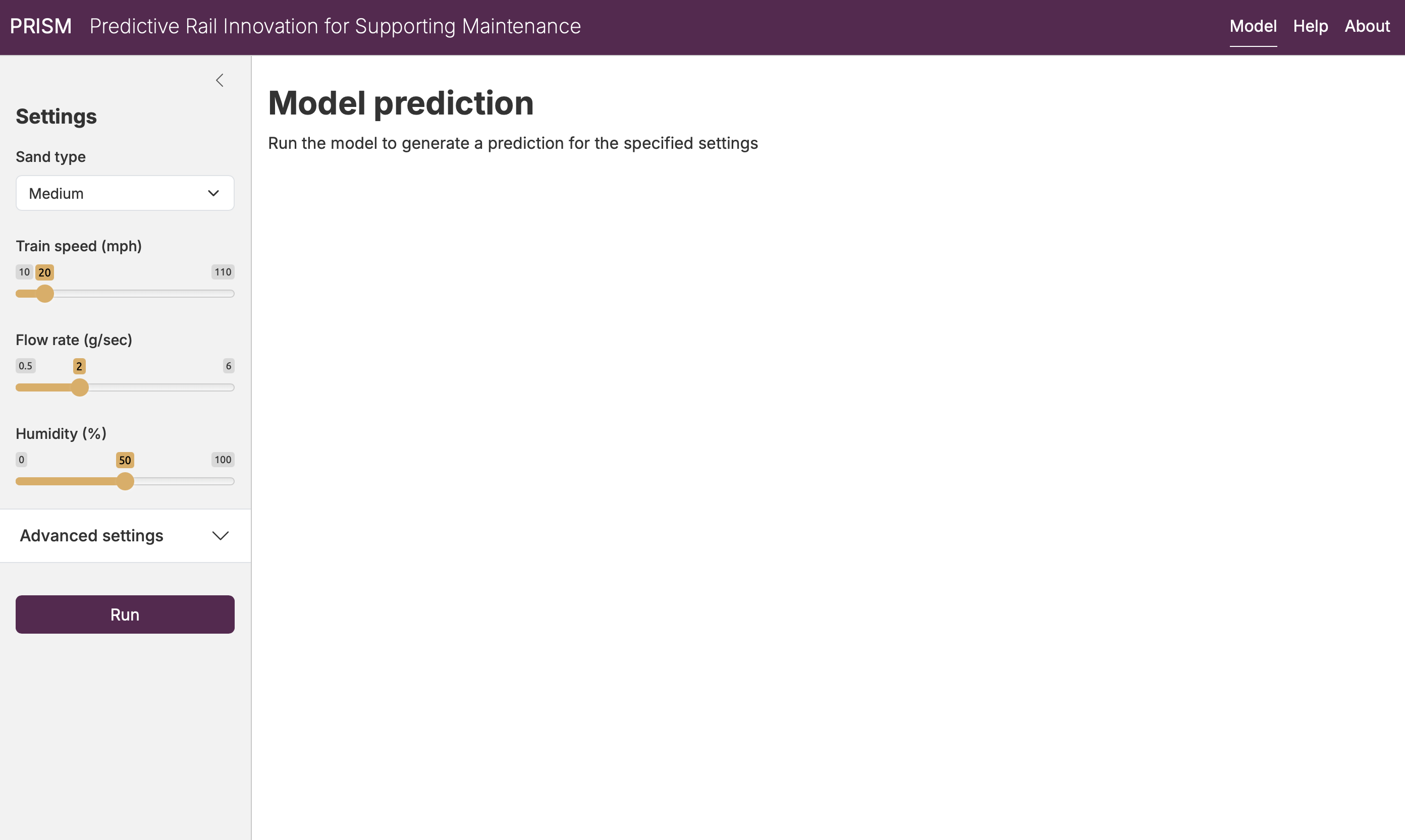 Dashboard before running the model, with components for providing the required inputs.